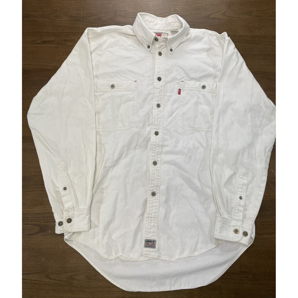 VTG Levis Denim Red Tab Shirt Metal Button Up White Relaxed Fit Mens Shirt Sz M